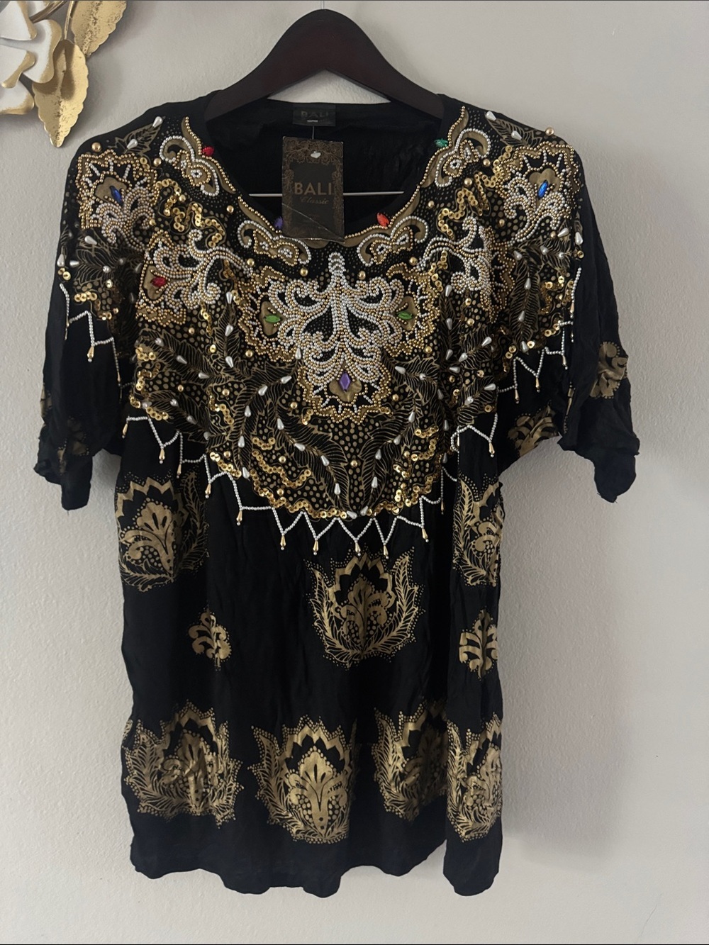 Bali Black Top with Gold Foil and Multicolor Sequin Accents